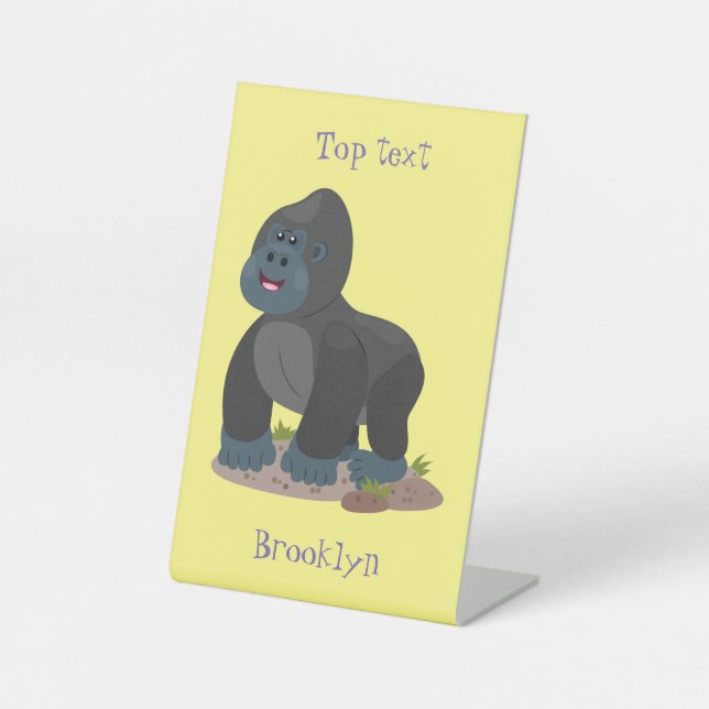 Cute happy big gorilla cartoon illustration pedestal sign (Front)