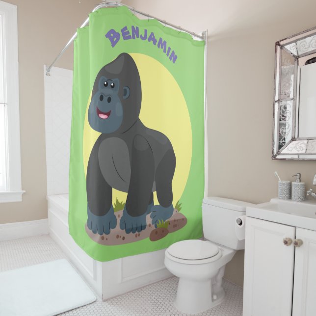 Cute happy big gorilla cartoon illustration shower curtain (In Situ)