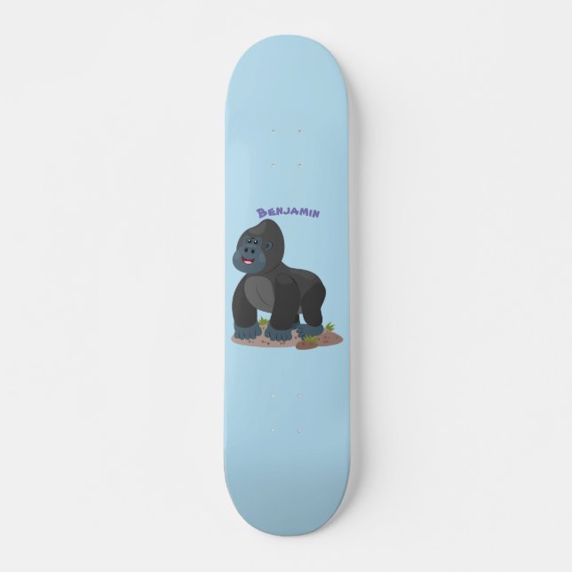 Cute happy big gorilla cartoon illustration skateboard (Front)