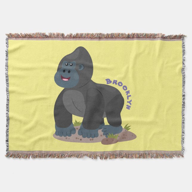 Cute happy big gorilla cartoon illustration throw blanket (Front)