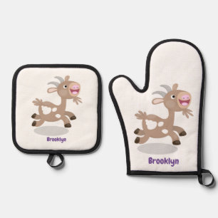 Cute happy billy goat cartoon oven mitt & pot holder set