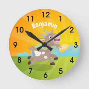 Cute happy billy goat cartoon round clock
