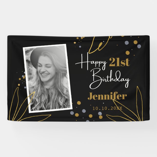 Cute Happy Birthday Any Year Personalised Black Banner (Horizontal)