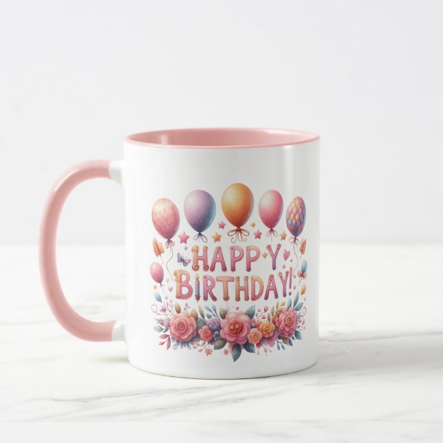 Cute Happy Birthday balloons flowers add monogram Mug (Left)