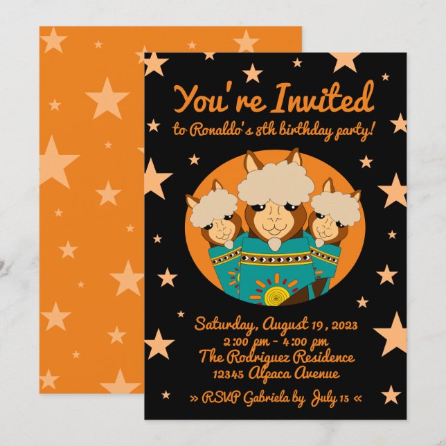 Cute Happy Birthday Boy Alpacas in Teal Serapes Invitation (Front/Back)