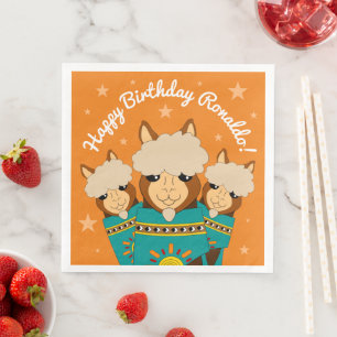 Cute Happy Birthday Boy Alpacas in Teal Serapes Napkin