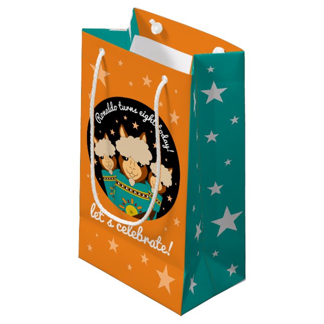 Cute Happy Birthday Boy Alpacas in Teal Serapes Small Gift Bag (Front Angled)