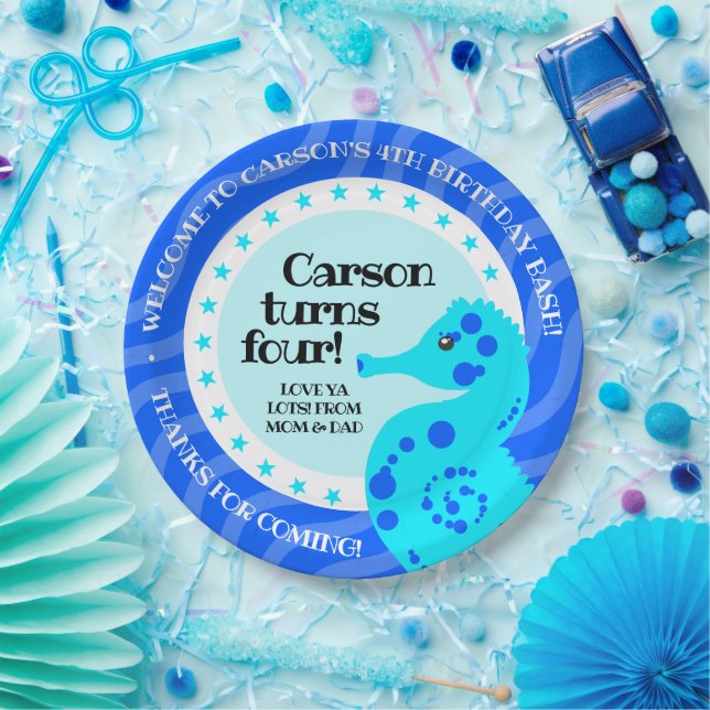 Cute Happy Birthday Boy Blue Seahorse on Waves Paper Plate (Party)