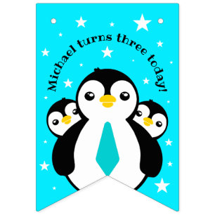 Cute Happy Birthday Boy Penguins Blue Neckties Bunting