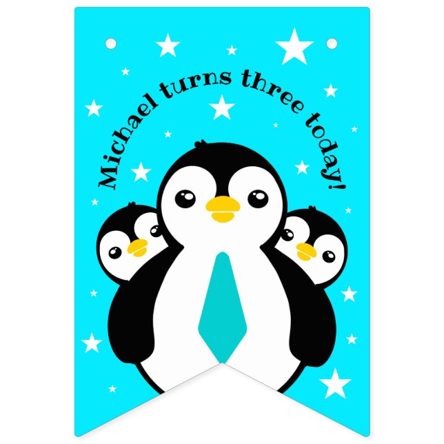 Cute Happy Birthday Boy Penguins Blue Neckties Bunting (First Flag)