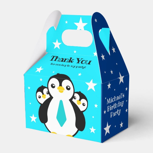 Cute Happy Birthday Boy Penguins Blue Neckties Favour Box (Front Side)