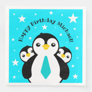 Cute Happy Birthday Boy Penguins Blue Neckties Napkin