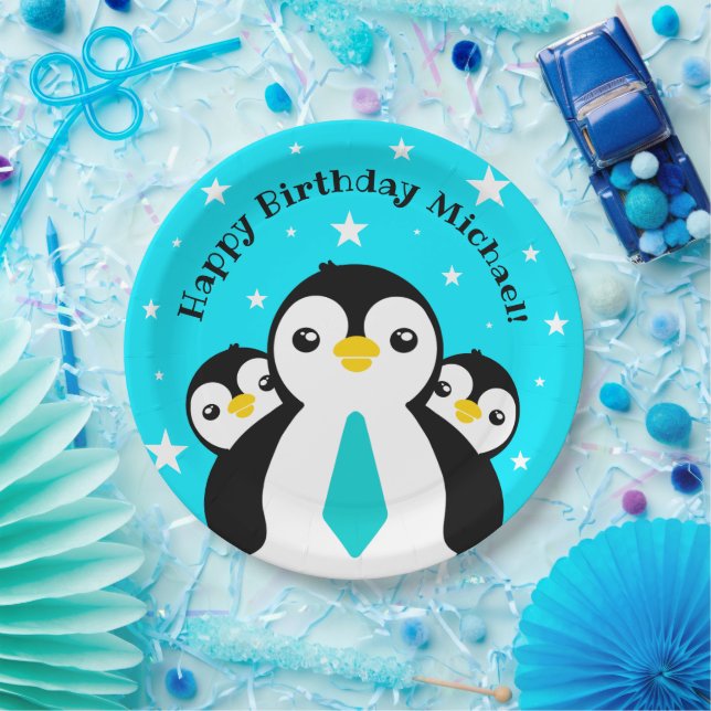 Cute Happy Birthday Boy Penguins Blue Neckties Paper Plate (Party)