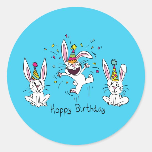 Cute Happy Birthday Bunny Rabbits Kids Classic Round Sticker (Front)