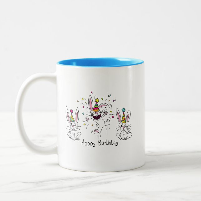 Cute Happy Birthday Bunny Rabbits Kids Two-Tone Coffee Mug (Left)