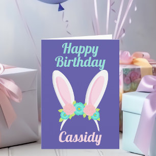 Cute Happy Birthday Bunny Tiara Purple Card