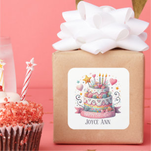 Cute Happy Birthday cake add text Square Sticker