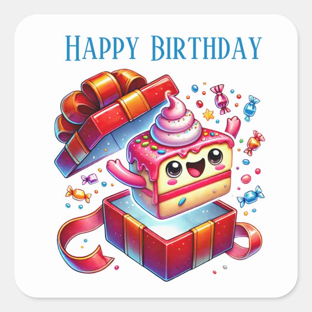 Cute Happy Birthday cake add text Square Sticker (Front)