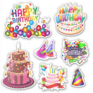 Cute Happy Birthday Cakes and Balloon Stickers