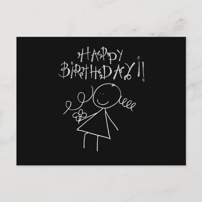 Cute Happy Birthday Card, Black with white Graphic Postcard (Front)
