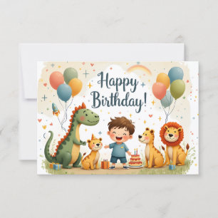 Cute Happy Birthday Card with Animals and Boy