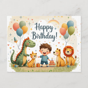 Cute Happy Birthday Card with Animals and Boy