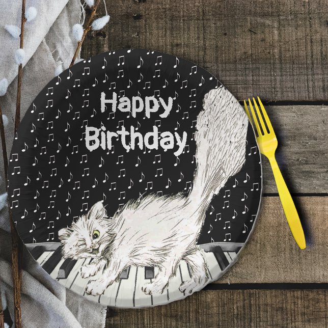 Cute Happy Birthday Cat on Piano Keys Music Notes Paper Plate (Cute white cat on piano keys white music notes on black Happy Birthday paper party bowls.)