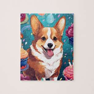 Cute Happy Birthday Corgi Dog Jigsaw Puzzle