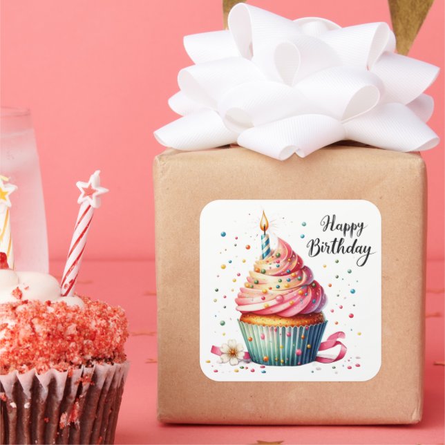Cute Happy Birthday cupcake Square Sticker (Party)