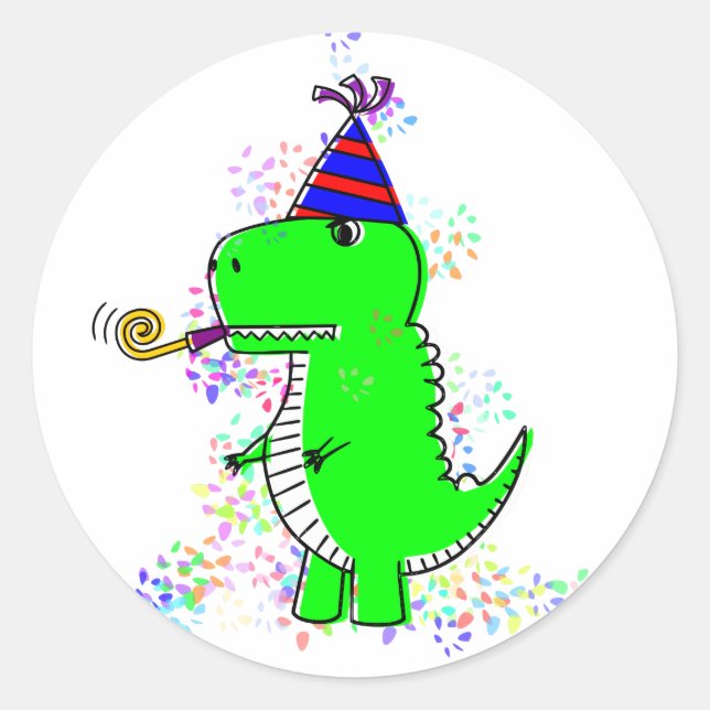 Cute Happy Birthday Dinosaur Confetti Classic Round Sticker (Front)