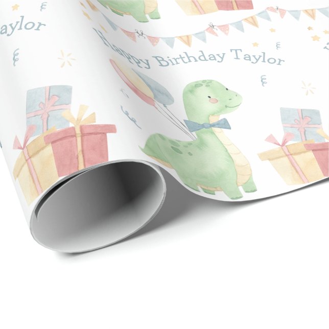 Cute Happy Birthday Dinosaur Party   Wrapping Paper (Roll Corner)