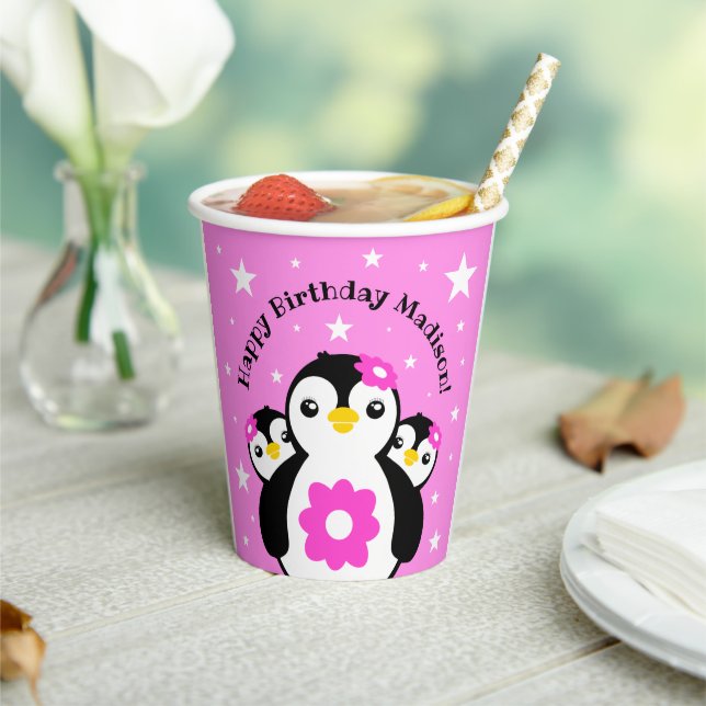 Cute Happy Birthday Girl Penguins Pink Flowers Paper Cups (Insitu)