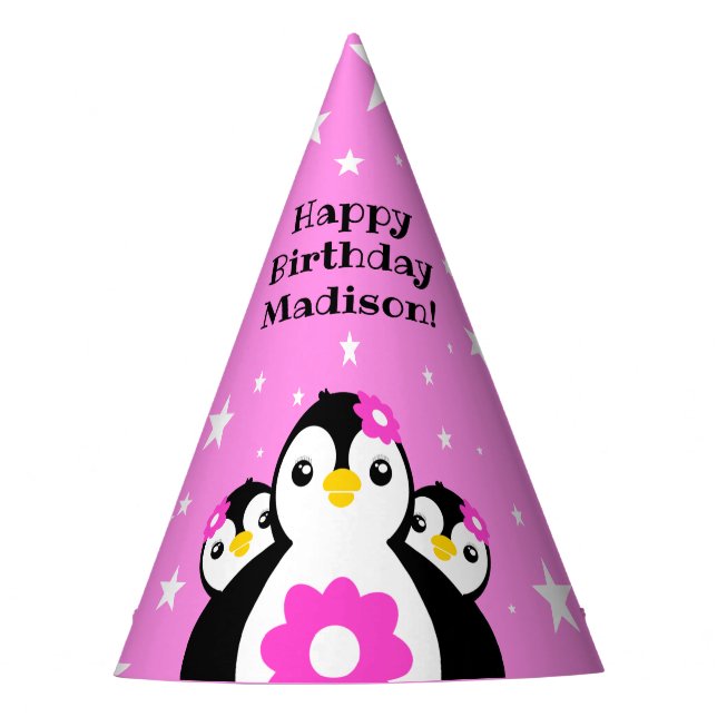 Cute Happy Birthday Girl Penguins Pink Flowers Party Hat (Front)