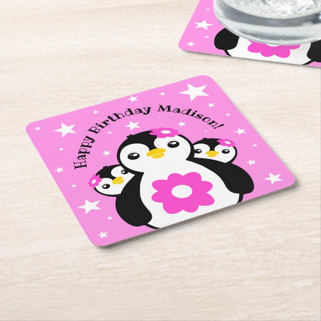 Cute Happy Birthday Girl Penguins Pink Flowers Square Paper Coaster (Angled)