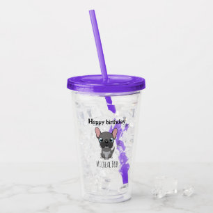 Cute happy birthday grey pug dog purple acrylic tumbler