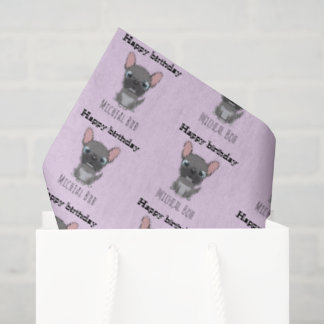 Cute happy birthday grey pug dog purple tissue paper