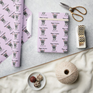 Cute happy birthday grey pug dog purple wrapping paper