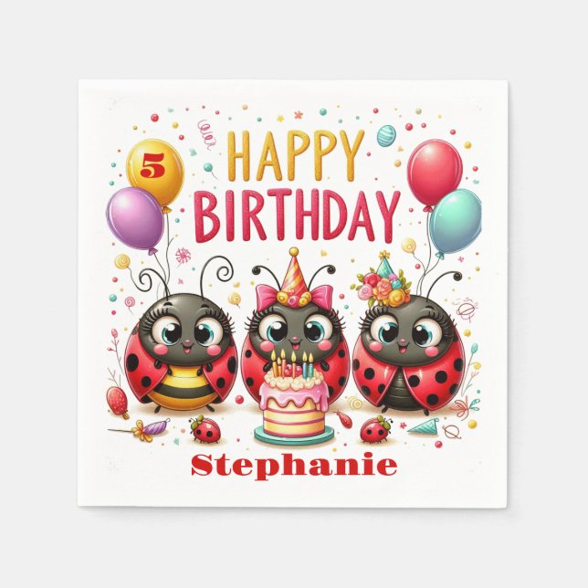 Cute Happy Birthday Ladybug Red And Black Insect Napkin (Front)