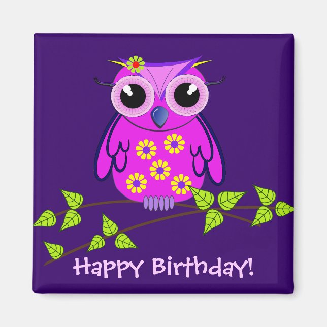 Cute Happy Birthday Magnet with Pink Owl (Front)
