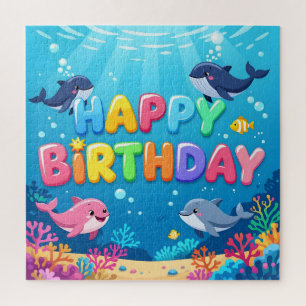 Cute Happy Birthday nautical dolphin Jigsaw Puzzle