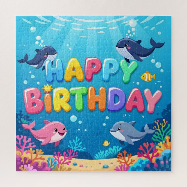 Cute Happy Birthday nautical dolphin Jigsaw Puzzle (Vertical)