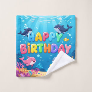 Cute Happy Birthday nautical dolphin Wash Cloth