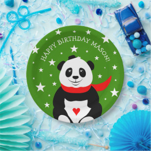 Cute Happy Birthday Panda with Bowler Hat & Scarf Paper Plate