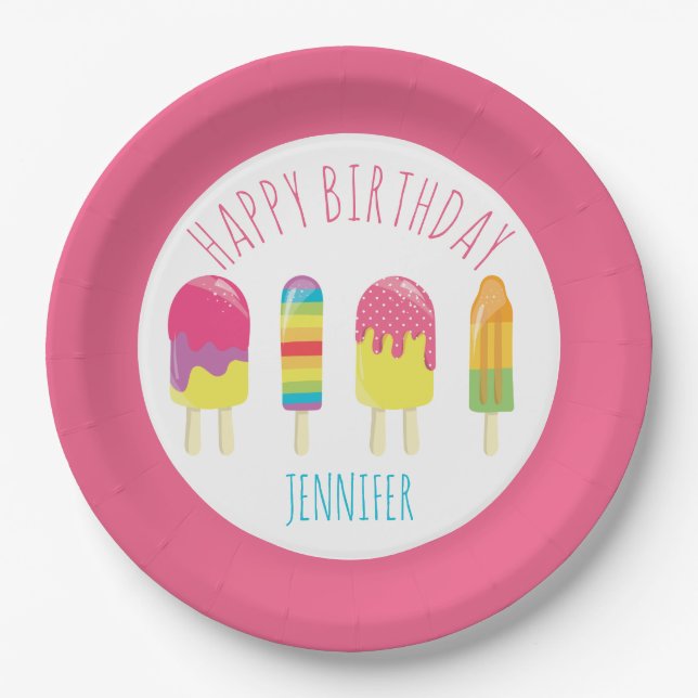 Cute Happy Birthday Popsicle Party Colourful pink Paper Plate (Front)