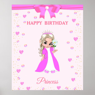 Cute Happy Birthday Princess & Gems on Pink Poster