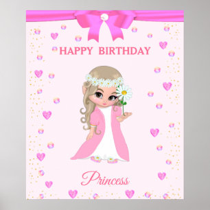 Cute Happy Birthday Princess & Gems on Pink Poster