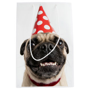 Cute Happy Birthday Pug in Red Party Hat Medium Gift Bag