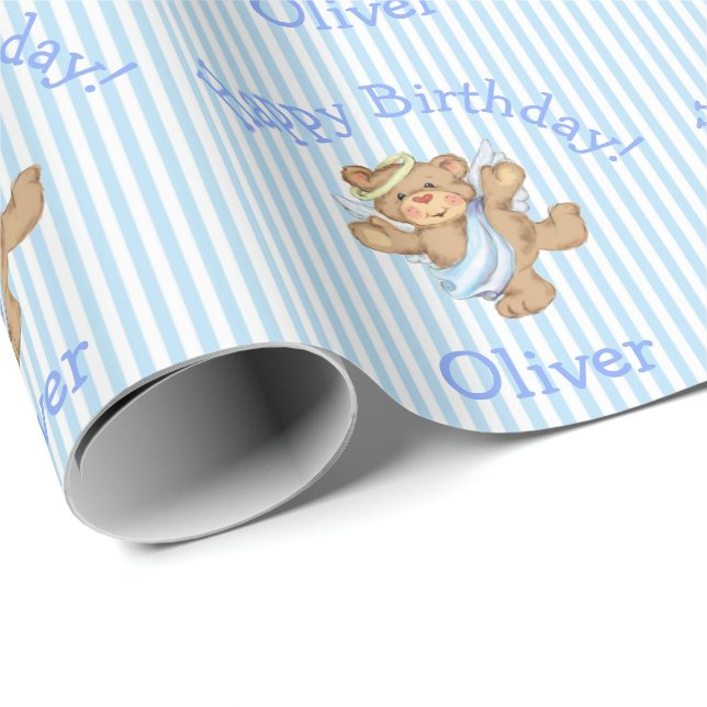 Cute Happy Birthday Teddy Bear Angel Baby Boy Wrapping Paper (Roll Corner)