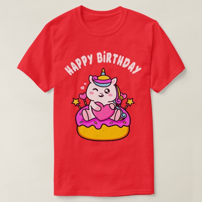 Cute Happy Birthday Unicorn With Cake Kids Girls  T-Shirt (Design Front)