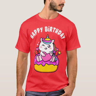 Cute Happy Birthday Unicorn With Cake Kids Girls T-Shirt
